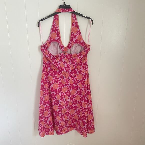 Y2K Pink Floral Halter Dress Size 14 Fit & Flare Babydoll Retro Summer - Picture 5 of 12